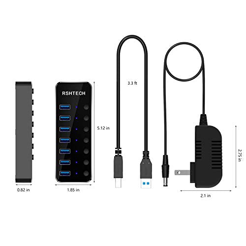 USB 3.0 Hub, RSHTECH 7 Port Powered USB Hub Expander Aluminum USB 3.0 Data Port hub with Universal 5V AC Adapter and Individual On/Off Switches USB Splitter for Laptop and PC(Black) (Pack of 2) - size: 518-2A (Pack of 2)