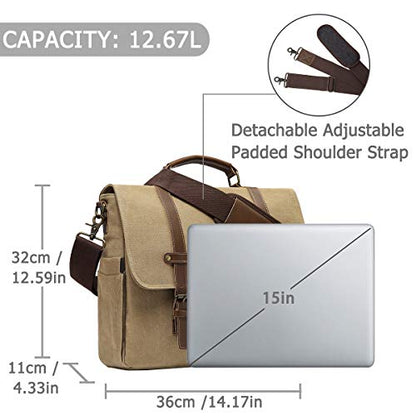 Kasqo Mens Messenger Bag, 15.6 Inch Water resistence Vintage Canvas Briefcase Satchel Bag Shoulder Work Bag Padded Shockpoof