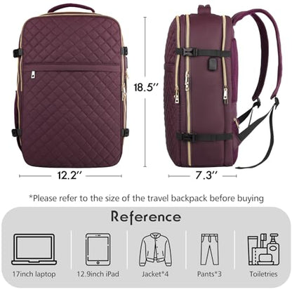 Large Travel Backpack Women, Flight Approved Carry On Backpack, Water Resistant Anti-Theft Large Casual Daypack Fit 17 Inch Laptop with USB Charging Port - color: Dark Purple, size: 17.3 inch
