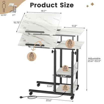 Hadulcet Adjustable C Table with Charging Station, Tiltable Desk C Shaped End Table for Couch, Over Bed Table with Wheels Adjustable Height, Hospital Table Laptop Stand Drawing Desk, Marble White - color: Marble White, style: Upgrade