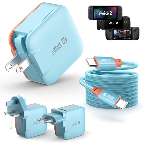 JSAUX 65W USB C Charger for Nintendo Switch 2, Powers in TV Mode, with EU/UK Plug & 6.6FT Cable, GaN PD Fast Charging for ROG Xbox Ally, Steam Deck, ROG Ally, iPhone 17, Tablet & Laptop - Blue&Orange - color: Blue&Orange