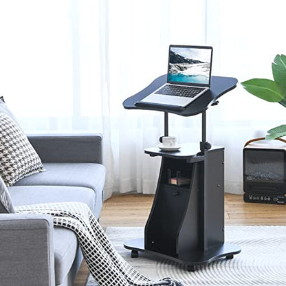 Tangkula Mobile Laptop Podium, Height Adjustable Sit to Stand Desk with Tilting Desktop & Storage Cabinet, Ergonomic Rolling Lectern Cart Laptop Desk, Office Podium Stand on Wheels - color: Black, size: 21.5" x 15.5" x 45"
