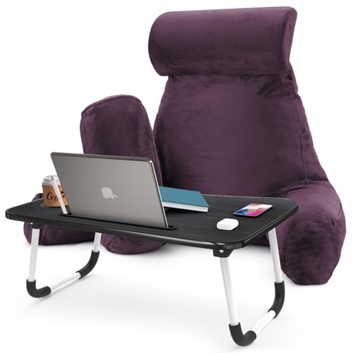 Nestl Reading Pillow with Portable Laptop Lap Desk - Shredded Memory Foam Back Support Pillow for Sitting Up in Bed and Couch Rest Pillows with Arms, Bed Tray Table with Foldable Legs, Purple - color: Purple, size: Large