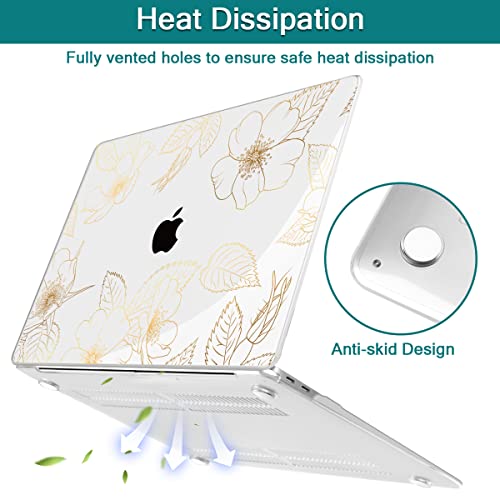 Teryeefi Compatible with 2018 2019 2020 MacBook Air 13 inch Case M1 Chip A2337 A2179 A1932 Retina Display Touch ID, Plastic Hard Shell & Keyboard Cover & Screen Protector,Gold Floral Leaf - color: Gold Floral Leaf