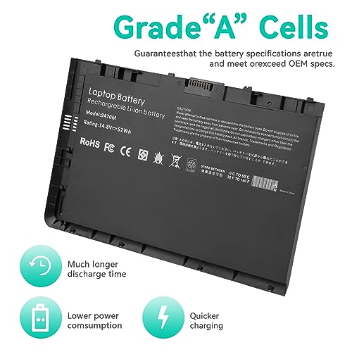 BT04XL 9470M Notebook Battery for HP EliteBook Folio 9470 9470M 9480m Ultrabook BT04 BA06 HSTNN-IB3Z HSTNN-I10C 687945-001 H4Q47AA 687517-241 HSTNN-DB3Z 687517-171 BA06XL H4Q48AA - 14.8V 52WH - size: 8.61*5.38*0.3inch 9470M