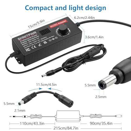 SHNITPWR Adjustable Universal Power Supply DC 4V~24V 3A 5A 6A 144W AC/DC Adapter with USB C Charger PD 100W 100V-240V AC to DC Converter Variable Power Adapter 24V,14 Tips,Alligator Clip Power Cable - size: 3.5V-24V 144W(Pro)