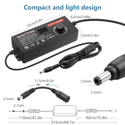 SHNITPWR Adjustable Universal Power Supply DC 4V~24V 3A 5A 6A 144W AC/DC Adapter with USB C Charger PD 100W 100V-240V AC to DC Converter Variable Power Adapter 24V,14 Tips,Alligator Clip Power Cable - size: 3.5V-24V 144W(Pro)