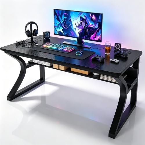 Wood Computer Desk Table for Office Gaming Pc (Carbon Fiber - Black, 55") | Storage Shelf, Triangle Stabilizer Brackets, Cable Management Hole, Large Desk For Bedroom, study, Gaming, Work, Writing - color: Carbon Fiber - Black, size: 55"