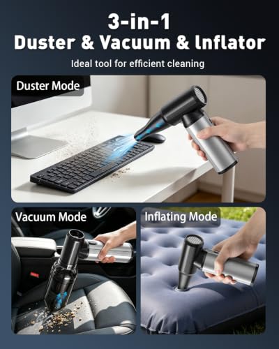 Compressed Air Duster & Vacuum, 320000RPM Rechargeable Electric Blower | Ergonomic Aluminum Alloy Grip, Brushless Motor, 3-Gear Adjustable Dust Blower for Keyboard, PC, Car, Home, outdoor Cleaning