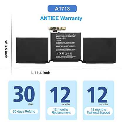 A1708 Battery Replacement, A1713 Battery for MacBook Pro 13 Inch A1708 [Late 2016, Mid 2017] EMC 2978 3164 MPXQ2LL MLL42LL MLUQ2LL MPXR2LL MPXU2LL MPXT2LL MacBookPro13,1 14,1 11.4V 54.5Wh 4781mAh - size: 11.4*3.5*0.15inch A1713