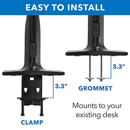 Mount-It! Dual Monitor Arm Desk Mount Sit-Stand Workstation with 2 USB 3.0 Ports, Height Adjustable 23.1–42.9”, Fits Two 17–27” Screens, 13.2 lbs Each, VESA 75x75 100x100, Clamp or Grommet