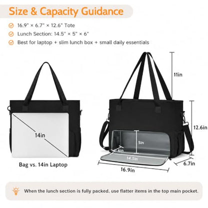 2-in-1 Insulated Lunch & Laptop Tote Bag for Women, Fits 15.6" Laptop, Lightweight Water-Resistant Polyester Work Tote Bag, Commuter Bag for Office, Teacher, Nurse & Travel, Black - color: Jet Black
