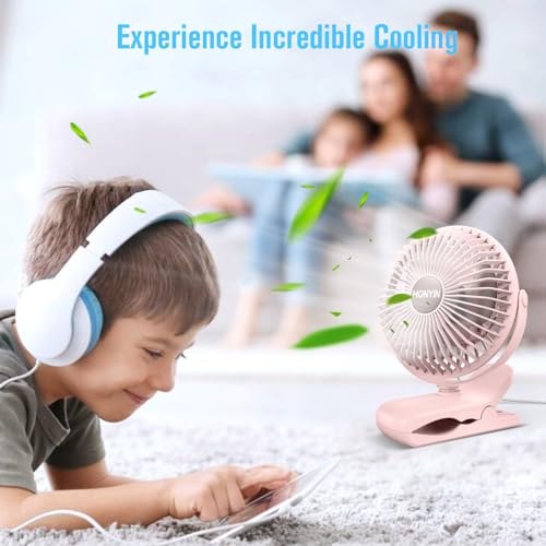 HONYIN 720° Rotation Small Desk, Hang & Clip on Fan by USB Plug In | Sturdy Clamp, 3 Speeds, Quiet Little Personal Cooling Fan for Bedroom Office Desktop Treadmill - color: Pink