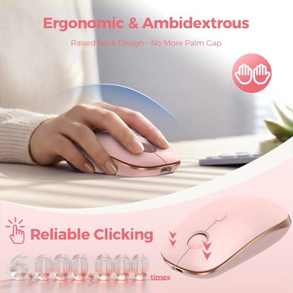 TECKNET Rechargeable Slim Portable Silent Computer 2.4 GHz Wireless Mouse | Lightweight Ambidextrous with USB-A Receiver, 4000 DPI Optical Tracking 90-Day Battery Life, Compatible with PC, Mac, Laptop - color: Rose pink