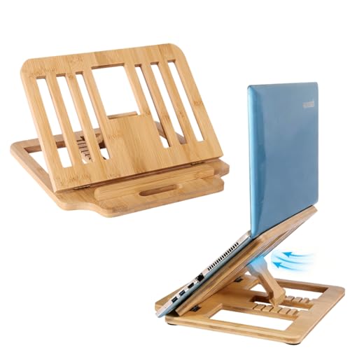 Bamboo Foldable Laptop Stand Holder, 6-Level Adjustable Ergonomic Notebook Riser with Heat Dissipation for 10-17 Inch Laptops, MacBook, Tablet (Natural Bamboo) - color: Natural Bamboo