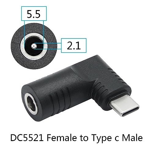 Right Angle DC 5521 to USB C Connector Adapter, 90 Degree PD 65W DC 5.5mm x 2.1mm to USB Type C Male Plug Power Charge Adapter for Laptop, Phone - Black - style: DC 5521 to USB Type c