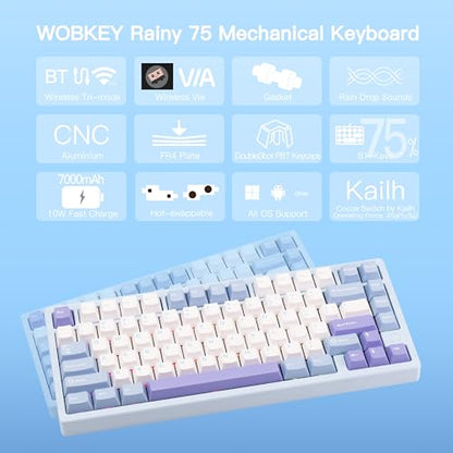 KEEBMONKEY WOBKEY Rainy 75 CNC Aluminum HMX/JWK/Cocoa Switches Triple-Mode Connectivity Mechanical Keyboard with Superior Acoustics, RGB/FR4/Silver SUS304/7000mAh/Cocoa Switch (Pro - Blue) - style: Pro - Blue
