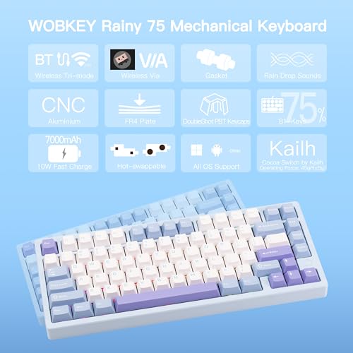 KEEBMONKEY WOBKEY Rainy 75 CNC Aluminum HMX/JWK/Cocoa Switches Triple-Mode Connectivity Mechanical Keyboard with Superior Acoustics, RGB/FR4/Silver SUS304/7000mAh/Cocoa Switch (Pro - Blue) - style: Pro - Blue