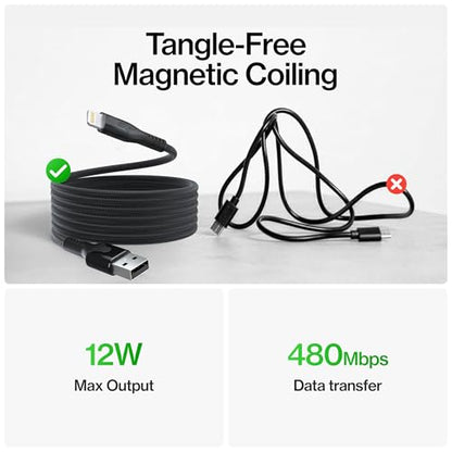 Statik MagStack USB A to Lightning Coiling Magnetic Charging Cable, 12W | MFi-certified Nylon Braided Tangle-Free, Magnetic Coiling, Data Transfer, Compatible with iPhone & iPad, 3FT Black - color: Black, size: 3ft, style: USB-A to Lightning