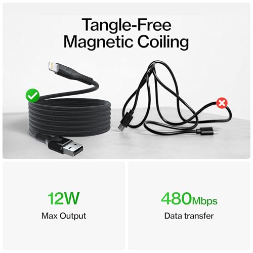 Statik MagStack USB A to Lightning Coiling Magnetic Charging Cable, 12W | MFi-certified Nylon Braided Tangle-Free, Magnetic Coiling, Data Transfer, Compatible with iPhone & iPad, 6FT Black - color: Black, size: 6ft, style: USB-A to Lightning