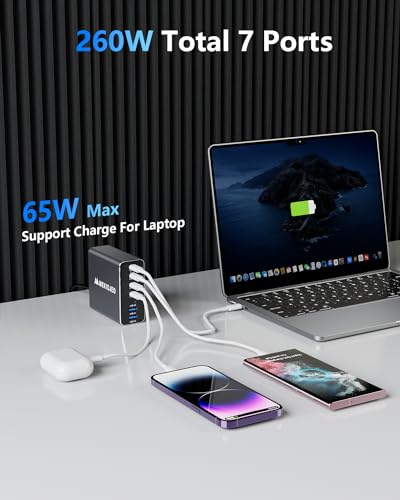 Aluminum Alloy 260W USB C Charger GaN Fast USB C Charging Station 7 Ports | 65W Laptop Charger for MacBook Pro/Air/iPad Pro/iPhone - color: Gray