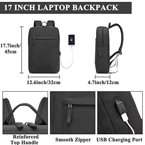 VASCHY 17 inch Laptop Backpack for Men with USB Port Lightweight Slim Business Backpack - color: Black