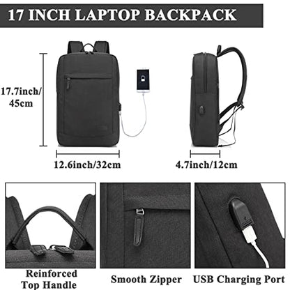 VASCHY 17 inch Laptop Backpack for Men with USB Port Lightweight Slim Business Backpack - color: Black