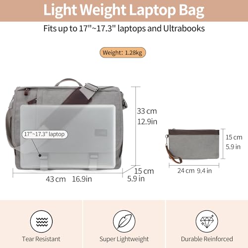 NerIion Nerlion Messenger Bag for Men 17-17.3 Inch Laptop Bag Canvas Water-resistant Computer Bag Shoulder Bag Work Briefcase Bookbag for College (Light Gray) - color: Light Grey