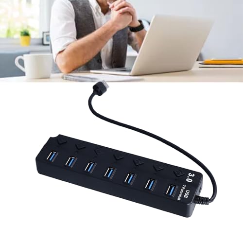 Powered USB 3.0 /USB C Hub, Multi Port Splitter, ABS 7-Port USB Hub Splitter Adapter Individual On/Off Switches and for Laptop PC Mobile Devices