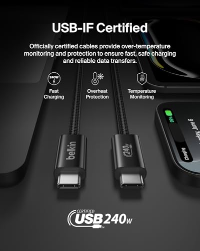 Belkin USB C to USB C 240W Braided Cable 9.9ft Fast iPhone Charger Cord | iPhone 17, Samsung Galaxy S26, Pixel 10, Airpods, iPad, Nintendo Switch 2, MacBook, Steam Deck, Travel, Chromebook, Braided - color: Black, style: 9.9 ft