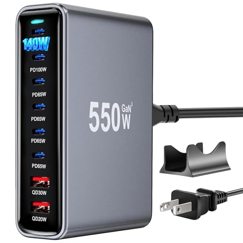 550W USB C Fast Charger Block, PD3.1 140W 8 Port USB Charging Station, GaN Ⅲ Pro PD PPS Fast Charging Station for Multiple Devices,Laptop Wall Charger Compatible with iPhone 17/iPad/MacBook etc - size: 550W+A 240W Braided Nylon Fast Charging Cable