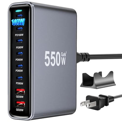 550W USB C Fast Charger Block, PD3.1 140W 8 Port USB Charging Station, GaN Ⅲ Pro PD PPS Fast Charging Station for Multiple Devices,Laptop Wall Charger Compatible with iPhone 17/iPad/MacBook etc - size: 550W+A 240W Braided Nylon Fast Charging Cable