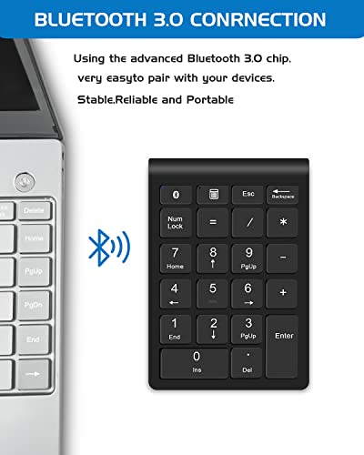 Bluetooth Wireless Numeric Keypad, Portable 22-Key Number Pad, for Laptop, PC, Des ktop, Surface Pro, Notebook, Black