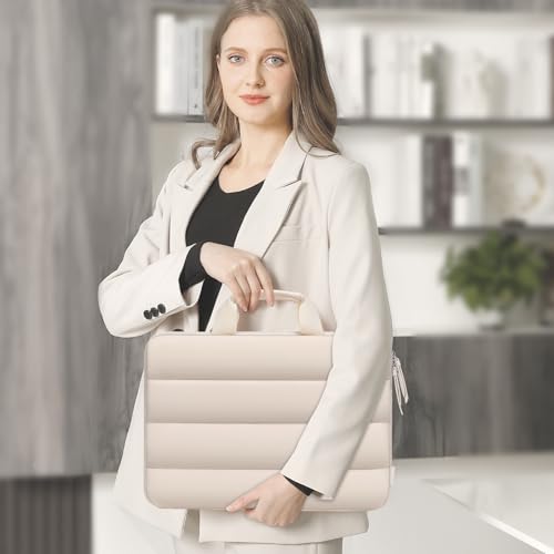 MOSISO 360 Protective Puffy Laptop Shoulder Bag,15-16 inch Computer Bags | Compatible with MacBook Pro 16/Air 15, HP Dell Lenovo Asus, Messenger Bag with Trolley Sleeve&Horizontal Pocket&Handle, Sand