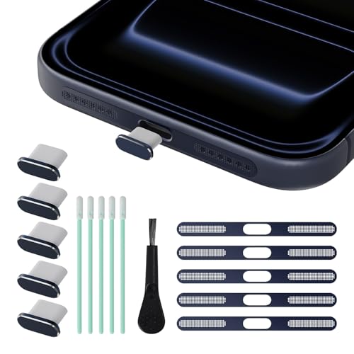 5 Pack USB C Dust Plug Port Cover with Speaker Mesh Cover for iPhone 17 Pro Max, Type C Charging Port Plug Protector, Dark Blue - size: iPhone 17 Pro Max