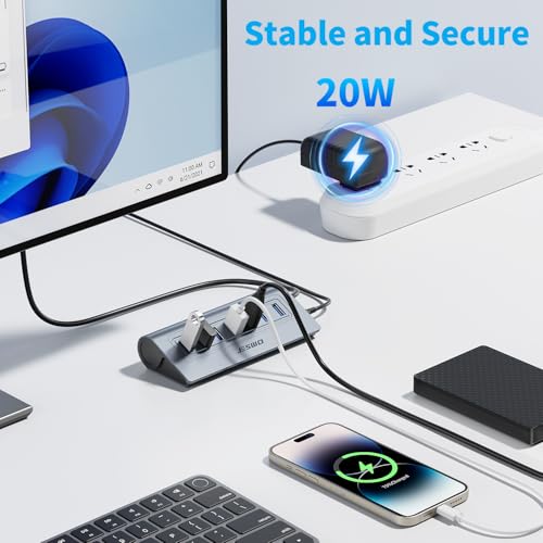 Powered USB Hub, JESWO 7-Port USB 3.0 Hub, Aluminum USB Data Hub with 3.3ft Cable, USB Hub 3.0 Powered with 5V/4A Power Adapter for MacBook, Notebook PC, USB-Flash Drives, Mobile HDD and More (Grey) - color: Grey