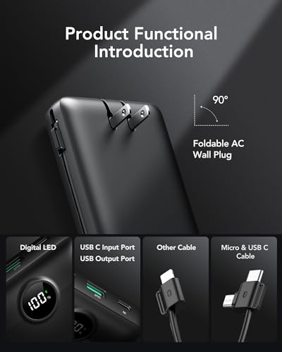 VRURC Portable Charger 20000mAh, Fast Charging Power Bank USB C,4 Output 2 Input Travel Essentials Charging Bank Equipped with LED Display,Built-in Wall Plug and Cables,Phone Charger Battery,Black - color: Black