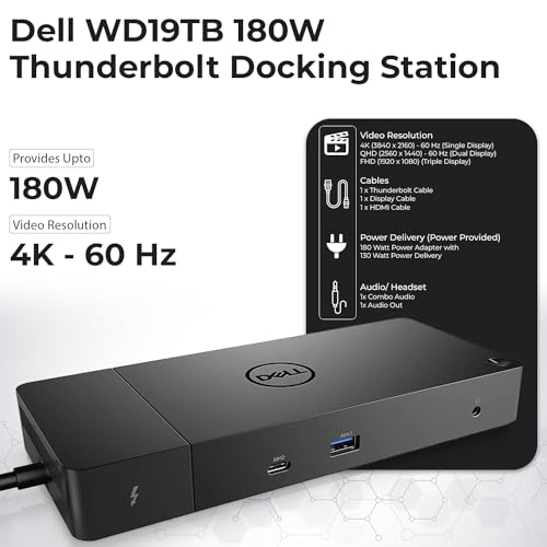 Dell WD19TB Thunderbolt Docking Station with 180W AC Power Adapter (130W Power Delivery) + HDMI Cable + DisplayPort Cable + Thunderbolt Cable + Microfiber Cloth Included - style: WD19TB New