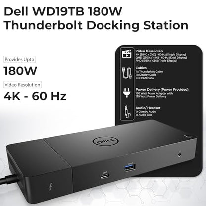 Dell WD19TB Thunderbolt Docking Station with 180W AC Power Adapter (130W Power Delivery) + HDMI Cable + DisplayPort Cable + Thunderbolt Cable + Microfiber Cloth Included - style: WD19TB New