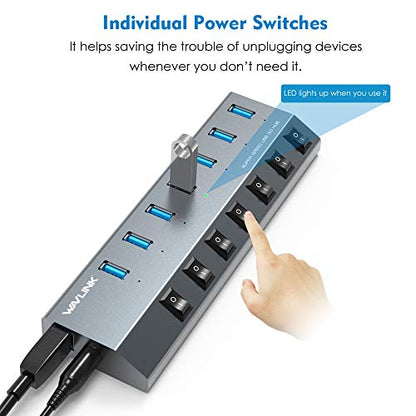 USB Hub 3.0, WAVLINK 7 Port Powered USB 3.0 hub 48W Charging, 5V/2.4A Each Ports with Individual Switches LED Indicator, USB Extension for Laptop, MacBook, iMac, PC, USB Flash Drives