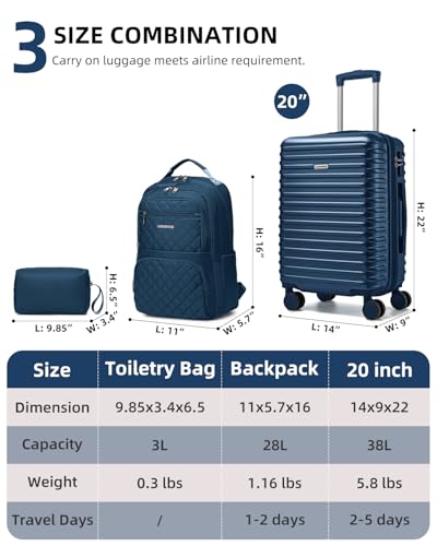LARVENDER Carry on Luggage 22x14x9 Airline Approved, 20 Inch Expandable Hardside Suitcase with Wheels TSA Lock, PC+ABS Lightweight Carry on Suitcases for Women and Men, Dark Blue - color: Dark Blue, size: 3 Piece Set (Backpack/20/TB)