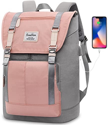 YAMTION 17 Inch Women Backpack School Bags for Teen Girls,College Student Bookbag Computer Backpack with USB Charging Port - color: Pinkgrey