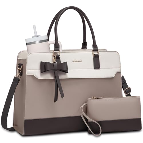 LOVEVOOK Laptop Tote Bag for Women,Leather Work Bag, Waterproof Business Teacher Bag,Large Computer Handbag Purse Briefcase,Office Gifts for Women - color: Pink-white-brown, size: 15.6 Inch