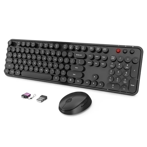 Wireless Keyboard and Mouse Combo, Ergonomic Full Size Typewriter Retro Round Keycaps Keyboard, Compatible with Windows, PC, Perfer for Home and Office Keyboards (Black - color: Glossy Black