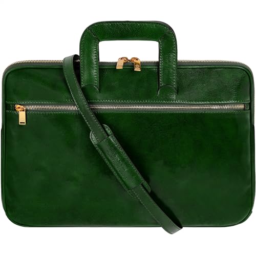 Time Resistance Slim Leather Briefcase - Italian Handmade Leather Computer Bag - Briefcase for Men and Women - Laptop Bag - color: Green