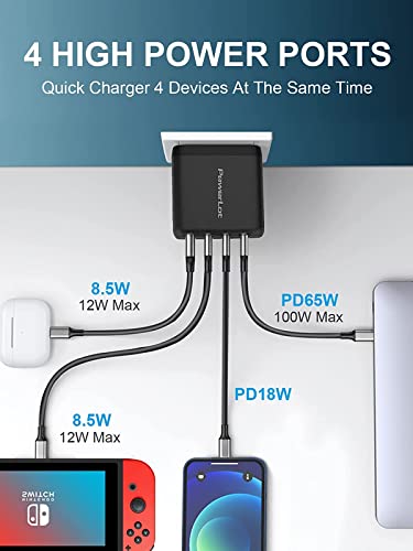 100W USB C Wall Charger,PowerLot 4 Port GaN MacBook Pro USB C Charger, Laptop 100W Charger USB C Power Adapte for MacBook Air,iPad,Tablets,HP,Dell XPS,iPhone 14/13,Samsung Galaxy - color: 4 ports-Black