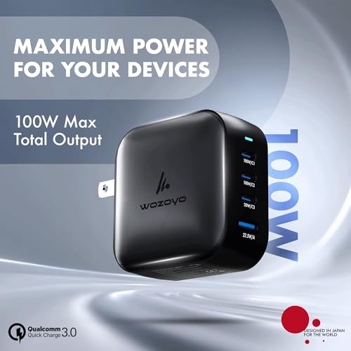 100W GaN Charger, Wozoyo 3XType-C & USB-A Superfast 2.0 Charging, Compatible for iPhone 17/16/16 Pro Max/15 Series/iPad Pro, Smartphones, Tablets and More, PD/PPS/QC 3.0,Compact Foldable Plug