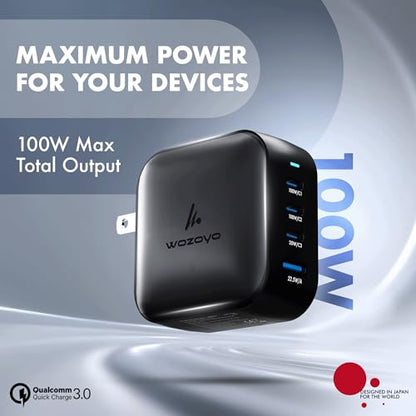 100W GaN Charger, Wozoyo 3XType-C & USB-A Superfast 2.0 Charging, Compatible for iPhone 17/16/16 Pro Max/15 Series/iPad Pro, Smartphones, Tablets and More, PD/PPS/QC 3.0,Compact Foldable Plug