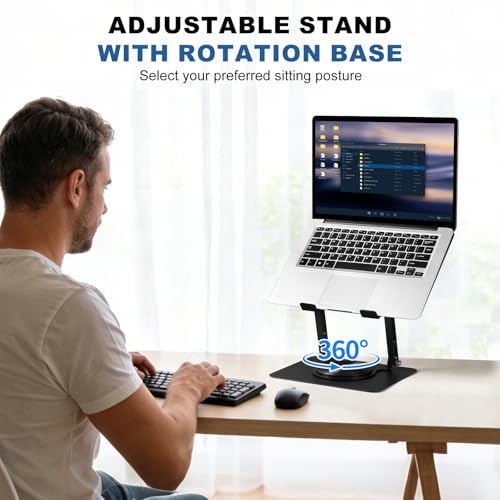 Laptop Cooling Stand with 2 Detachable Fans, 360° Rotating Adjustable Laptop Stand, Carbon Steel Ergonomic Laptop Riser, Anti-Slip Base for 10-17.3" Notebook MacBook, Office Home Gaming - color: Black