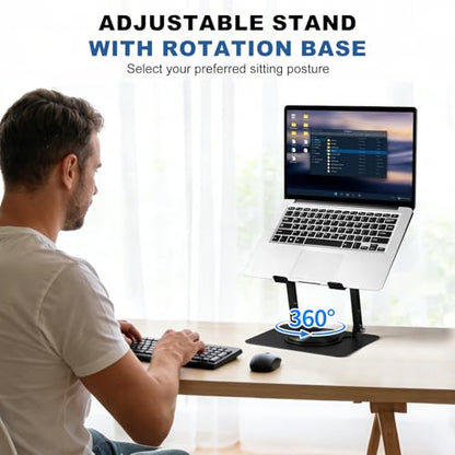 Laptop Cooling Stand with 2 Detachable Fans, 360° Rotating Adjustable Laptop Stand, Carbon Steel Ergonomic Laptop Riser, Anti-Slip Base for 10-17.3" Notebook MacBook, Office Home Gaming - color: Black